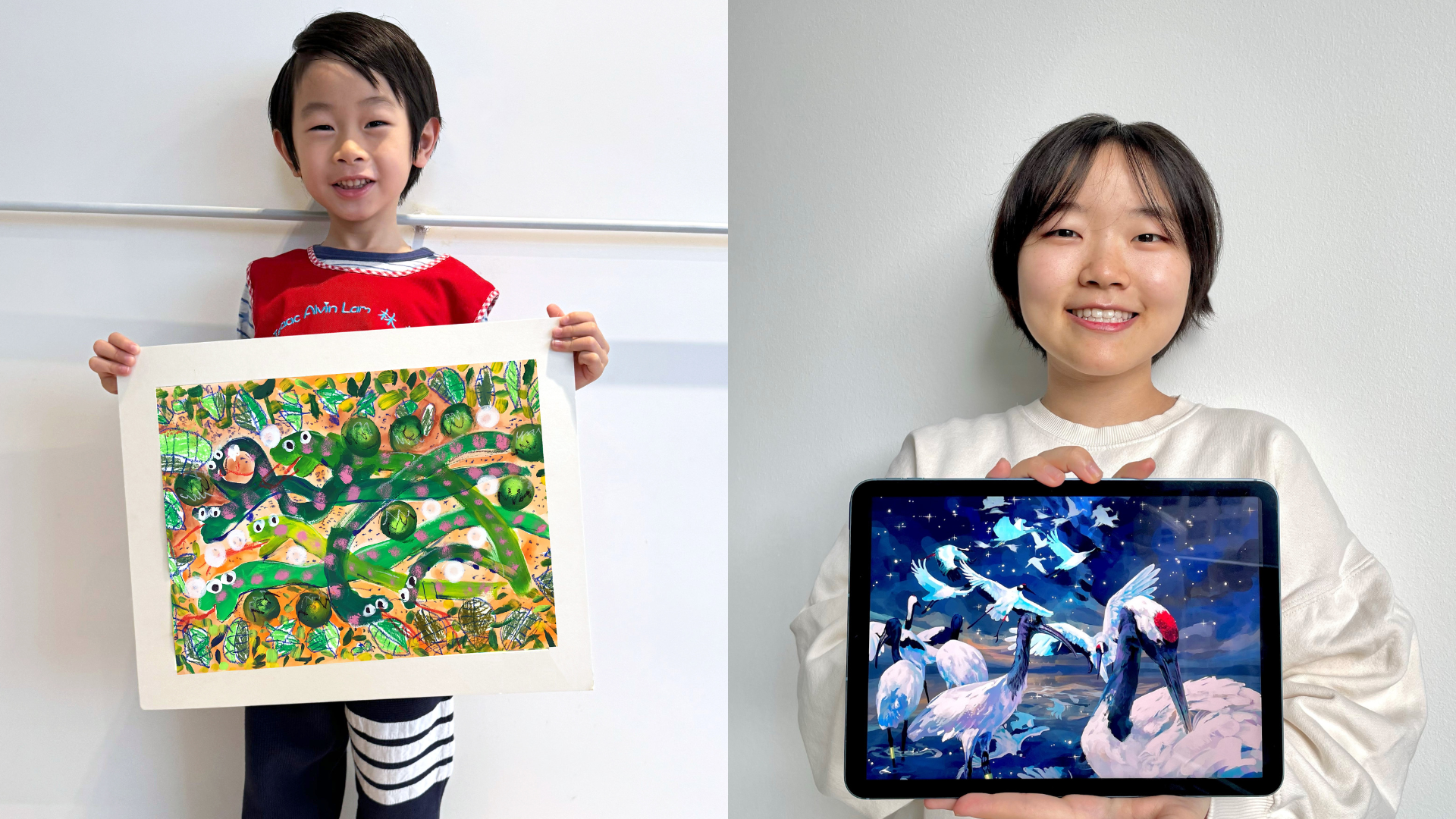 ifaw 2024 youth art contest winners - holding their artwork of snakes and cranes